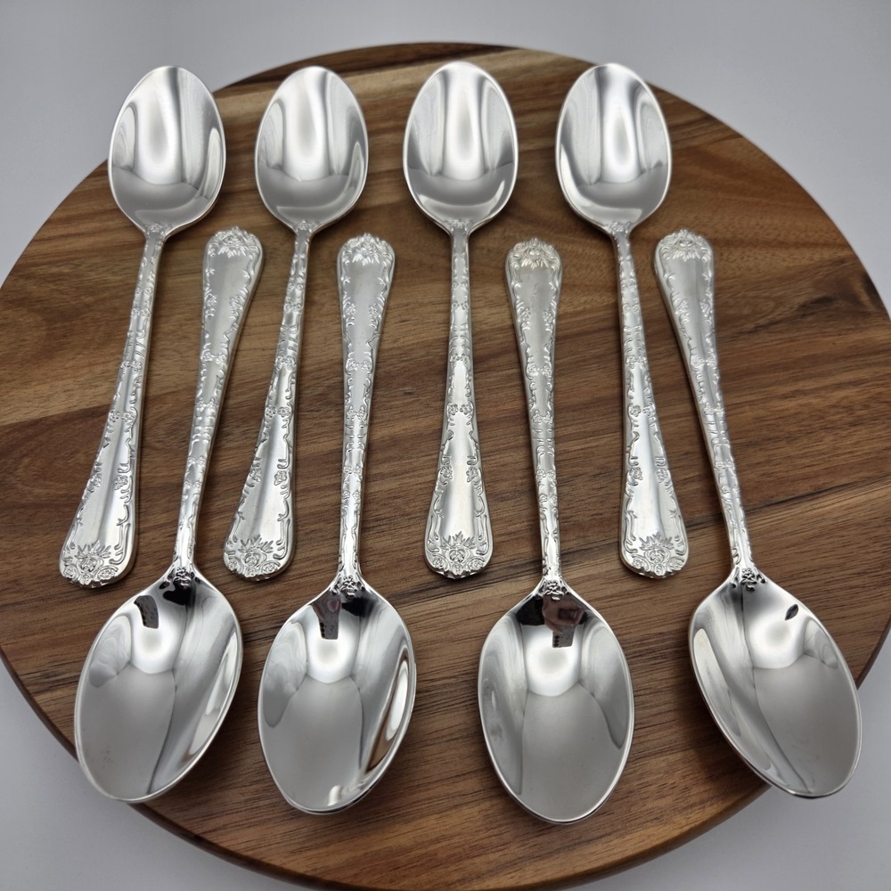 WM. Rogers & Son Enchanted Rose‎ Silverplate Flatware Soup Spoons Set Of 8
